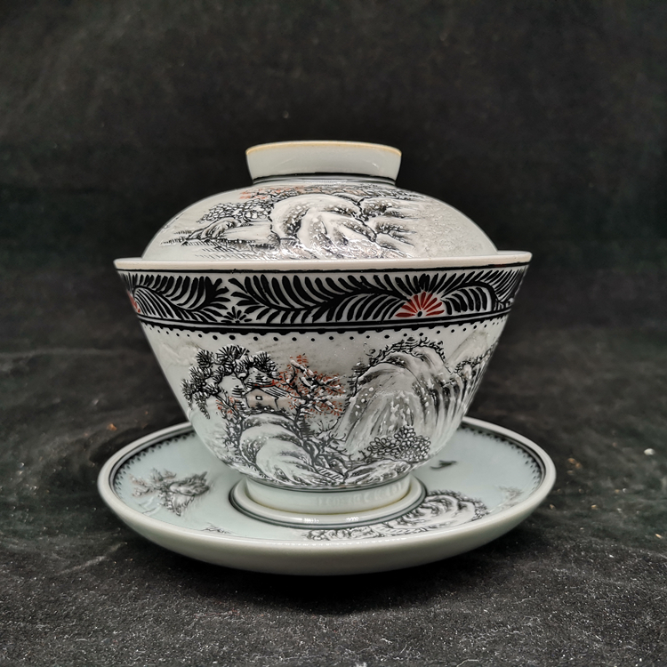 墨彩渔村瑞雪大盖碗三才仿古瓷器