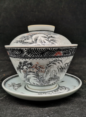 墨彩渔村瑞雪大盖碗三才仿古瓷器