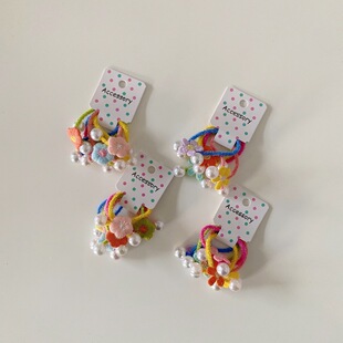 韩版儿童发圈可爱珍珠小花打结头绳宝宝小号扎发皮筋5根女童配饰