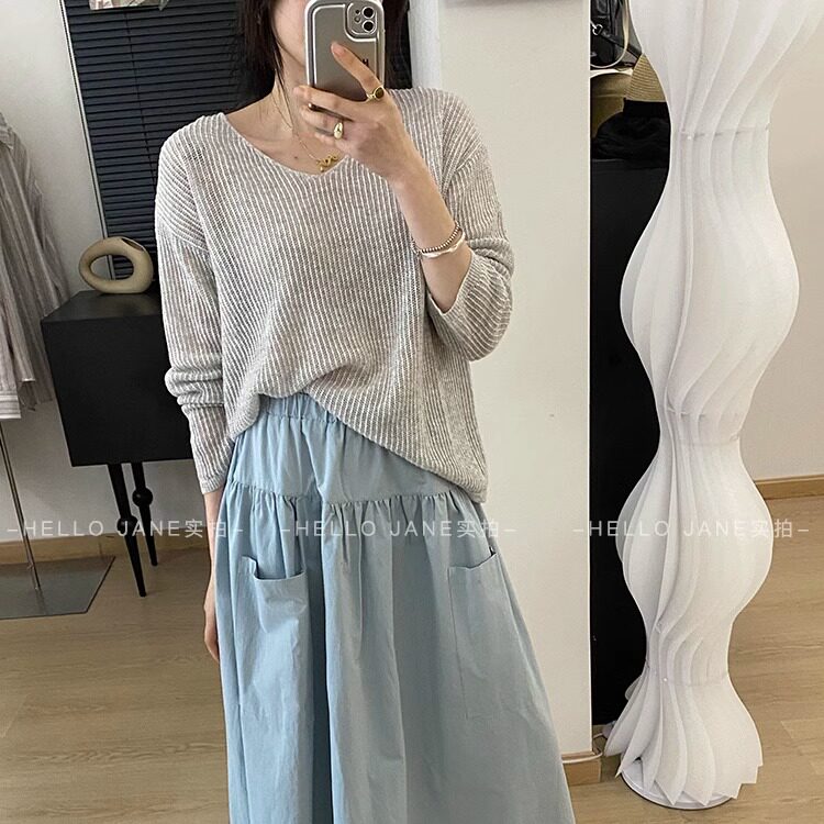 Hello Jane2025春款慵懒风百搭显瘦圆领针织衫女镂空宽松套头上衣