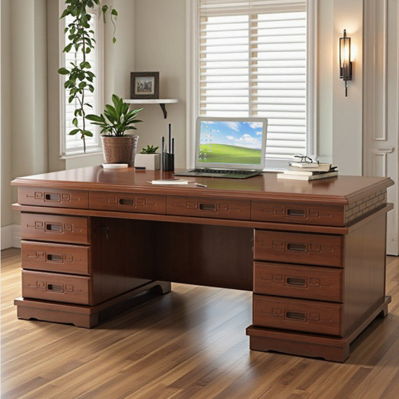 现代中式实木电脑桌老板桌家用办公桌带抽屉客厅大书桌工作台班台