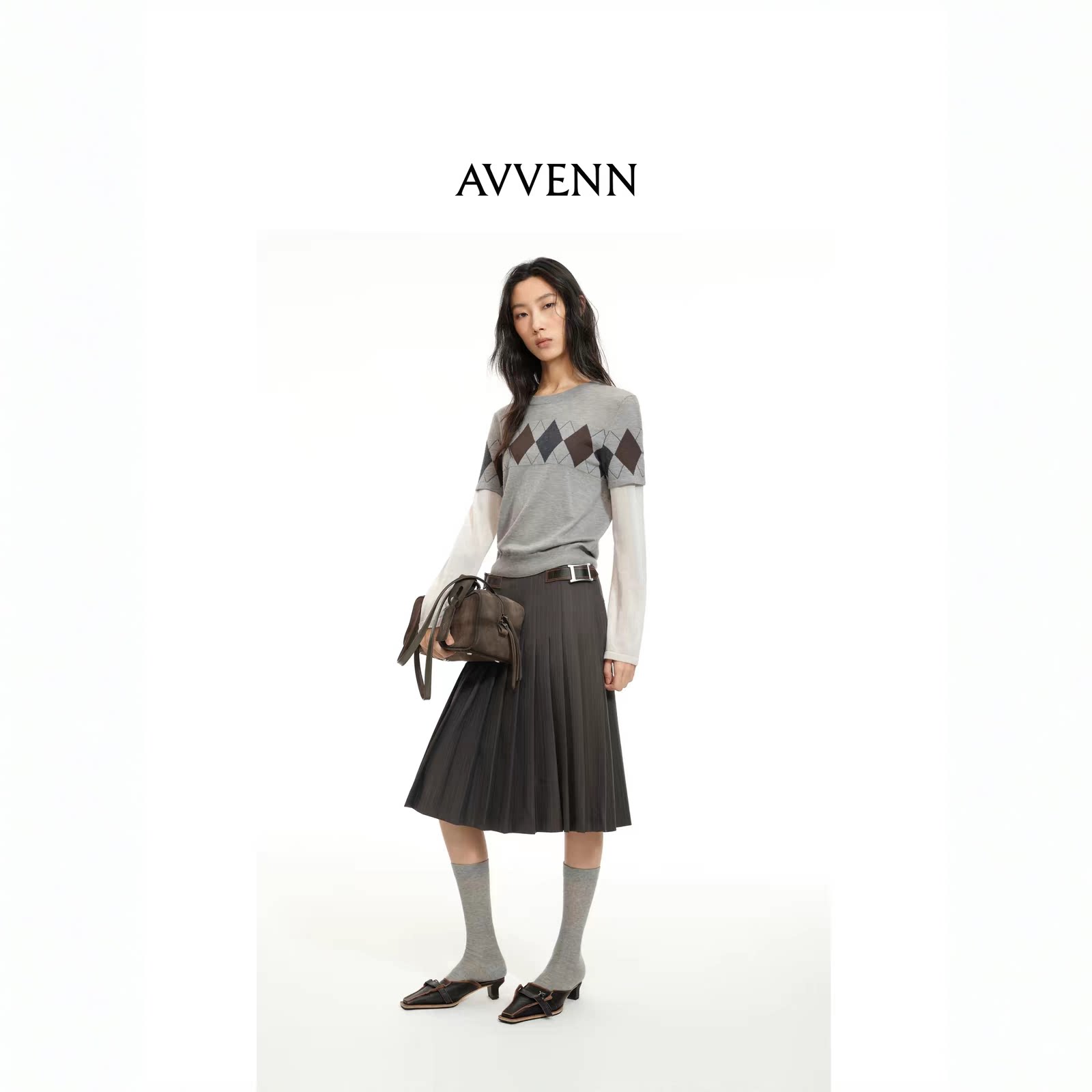 AVVENN菱格小廓形长袖针织衫休闲显瘦百搭新款上衣1701图片
