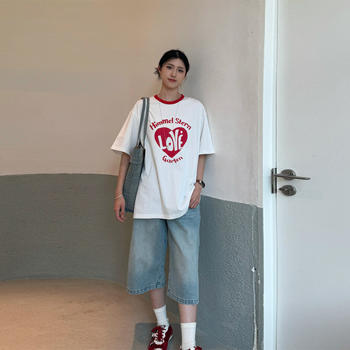 【VIINS】HEUTE夏季简约爱心百搭印花圆领短袖T恤上衣女TS009