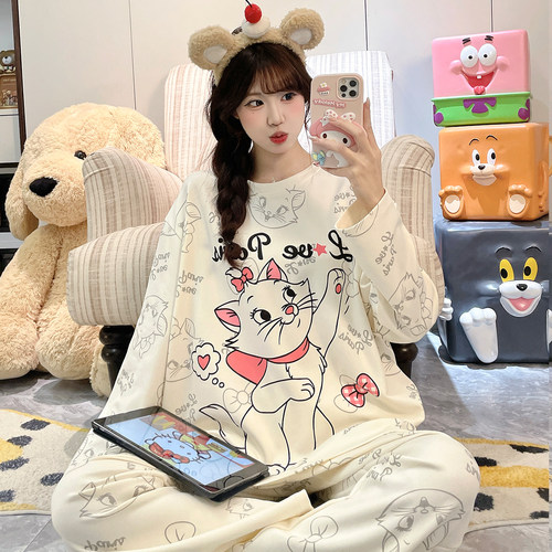睡衣女春秋季纯棉长袖长裤可外穿可爱卡通大码女士学生家居服套装