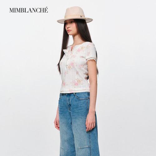 【现货】MIMBLANCHE26夏季新款碎花亨利领蕾丝拼接短袖T恤女