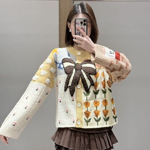 【现货】FORDARE/福蝶26春季设计师新品趣味撞色拼花蝴蝶结开衫