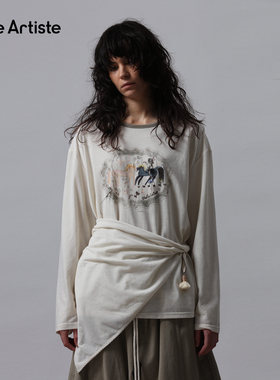 【现货】SHELLE ARTISTE 26春季新款复古休闲马上有酒圆领长袖T恤