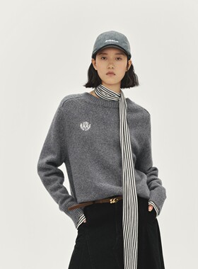 【现货】AVVENN灰色圆领刺绣落肩廓形宽松羊毛毛衣百搭松弛感