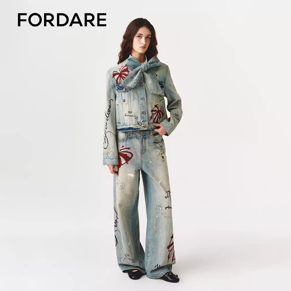 【现货】FORDARE/福蝶26春夏涂鸦感蝴蝶结印花绑带外套牛仔裤套装