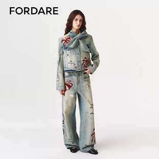 【现货】FORDARE/福蝶26春夏涂鸦感蝴蝶结印花绑带外套牛仔裤套装