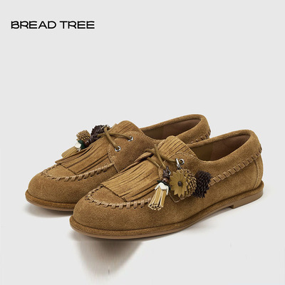 BREADTREE面包树 25年新款复古流苏编织乐福鞋可拆卸鞋花装饰单鞋
