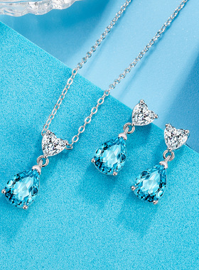 S925纯银精致时尚简约爱心水滴锆石项链优雅气质耳饰套装礼物