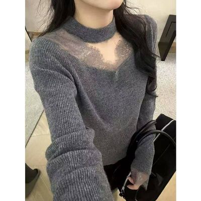 挂脖蕾丝镂空打底针织衫女秋冬内搭可外穿设计感小众冬天毛衣上衣