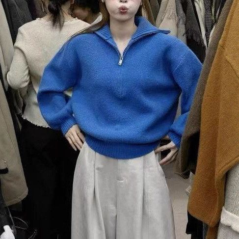 简约日常蓝色半拉链高领毛衣女秋冬韩系百搭慵懒宽松长袖保暖上衣