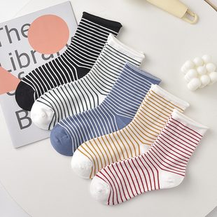 外穿森系秋冬卷边中筒居家条纹女款袜子百搭休闲学生棉日系学院风