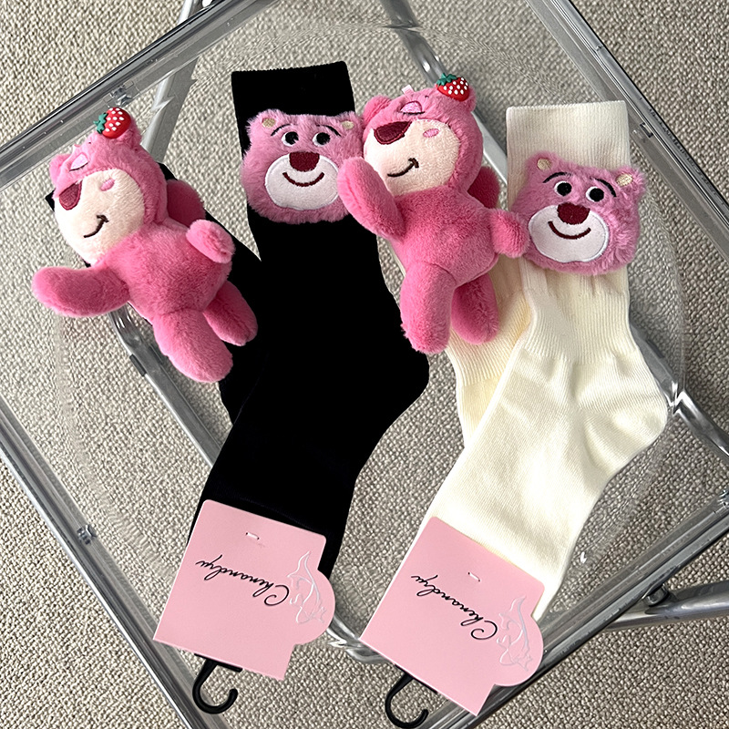 玩偶公仔草莓熊中筒袜欧货轻奢重工女袜jk黑白色袜子AB版高筒