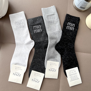 轻奢风秋冬新款烫钻字母银丝袜饰品袜子女袜ins潮袜网红中筒棉袜