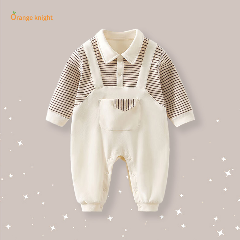 百日宴周岁满月爬服日系风条纹背带假两件翻领长袖婴幼儿宝宝哈衣