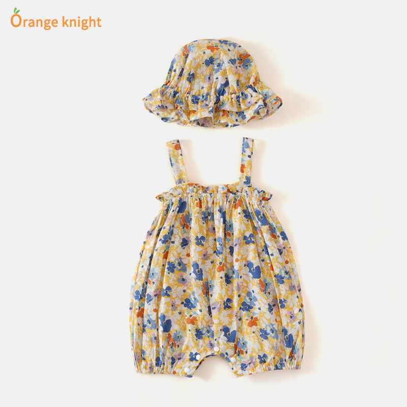 婴儿连体衣夏冰丝小碎花遮阳帽