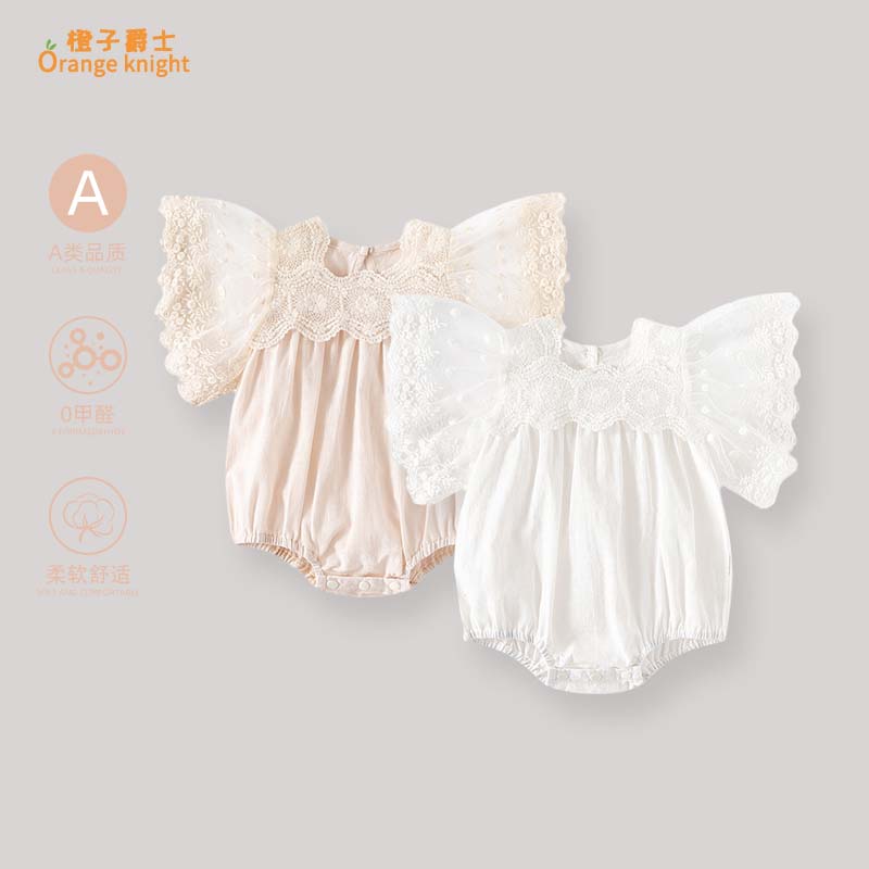 女宝宝蕾丝花边连体衣韩版百天周岁公主礼服短袖甜美洋气包屁衣薄