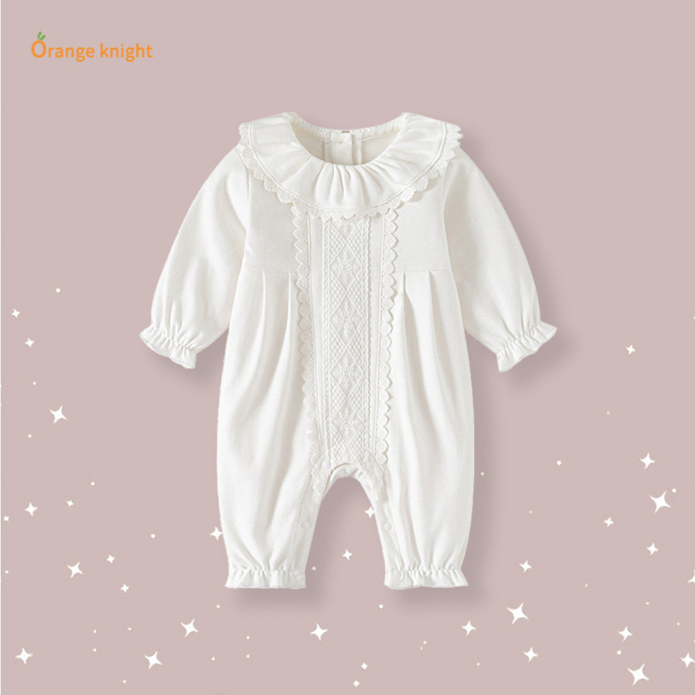 童装春秋新款连体衣婴幼儿治愈小天使纯白镂空绣花设计荷叶领爬服