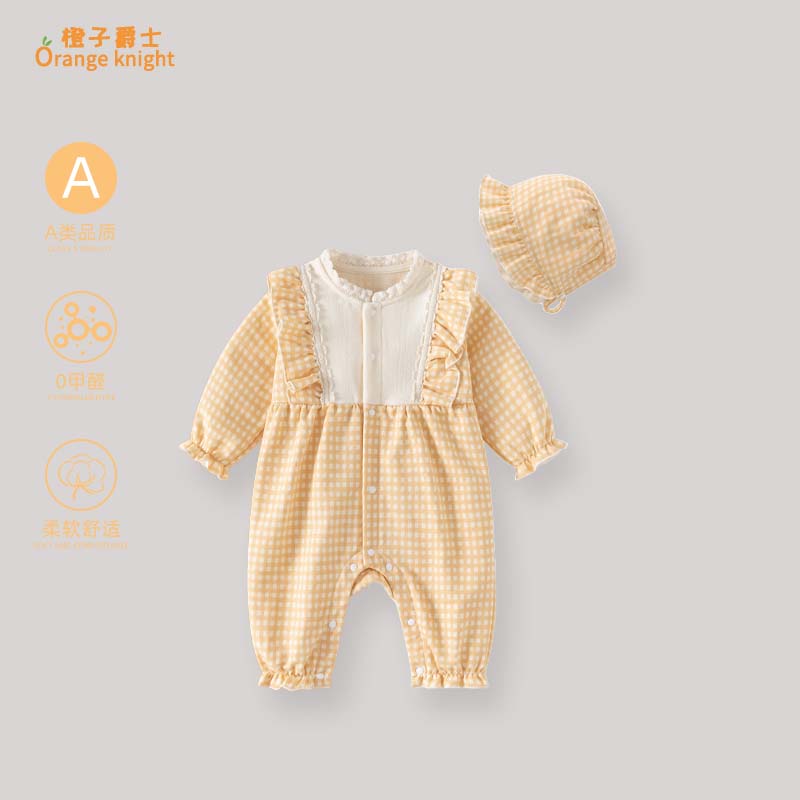 女宝宝秋冬季薄绒加厚衣服婴儿甜美洋气格子花边圆领长袖连体衣