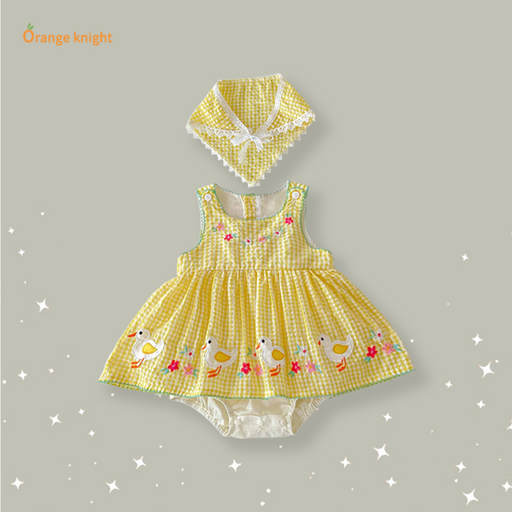 0 - 3岁新生儿女宝夏装连体衣趣味小鸭子鲜花图案黄白格子包屁衣