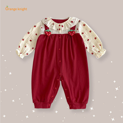 卡通可爱草莓印花背带假两件荷叶领灯笼袖包屁连体衣女婴儿长爬服