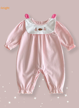 满月周岁小婴儿粉嫩色软萌可爱小熊图案松紧长袖女宝宝连体长爬服