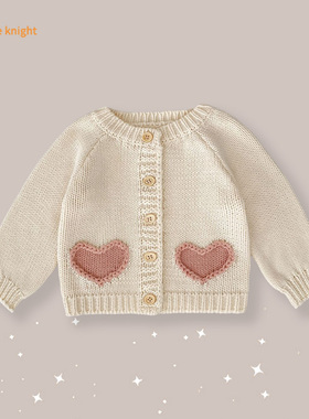 春秋季新款2025童装新款女婴针织外套软萌爱心圆领长袖单排扣开衫