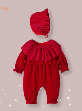 女宝宝新年年服连体衣秋冬加绒加厚款长袖可爱公主风红色婴儿爬服