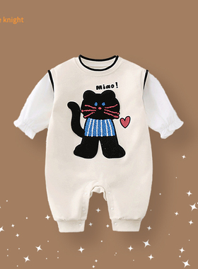 男女宝宝春秋季衣服新生儿婴儿可爱卡通休闲长袖假两件连体衣爬服