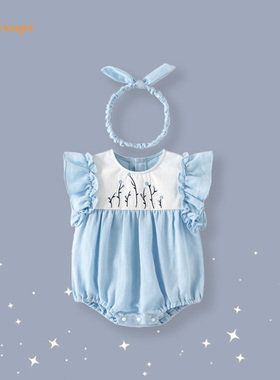 周岁女新生儿夏季治愈系清新天蓝色飞袖花枝刺绣图案连体衣爬服
