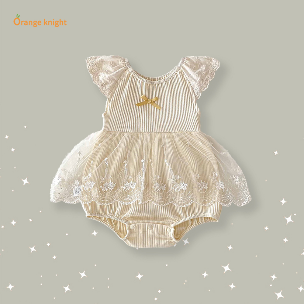 婴儿百天满月女宝宝夏季洋气圆领短袖网纱拼接设计精致公主连体衣