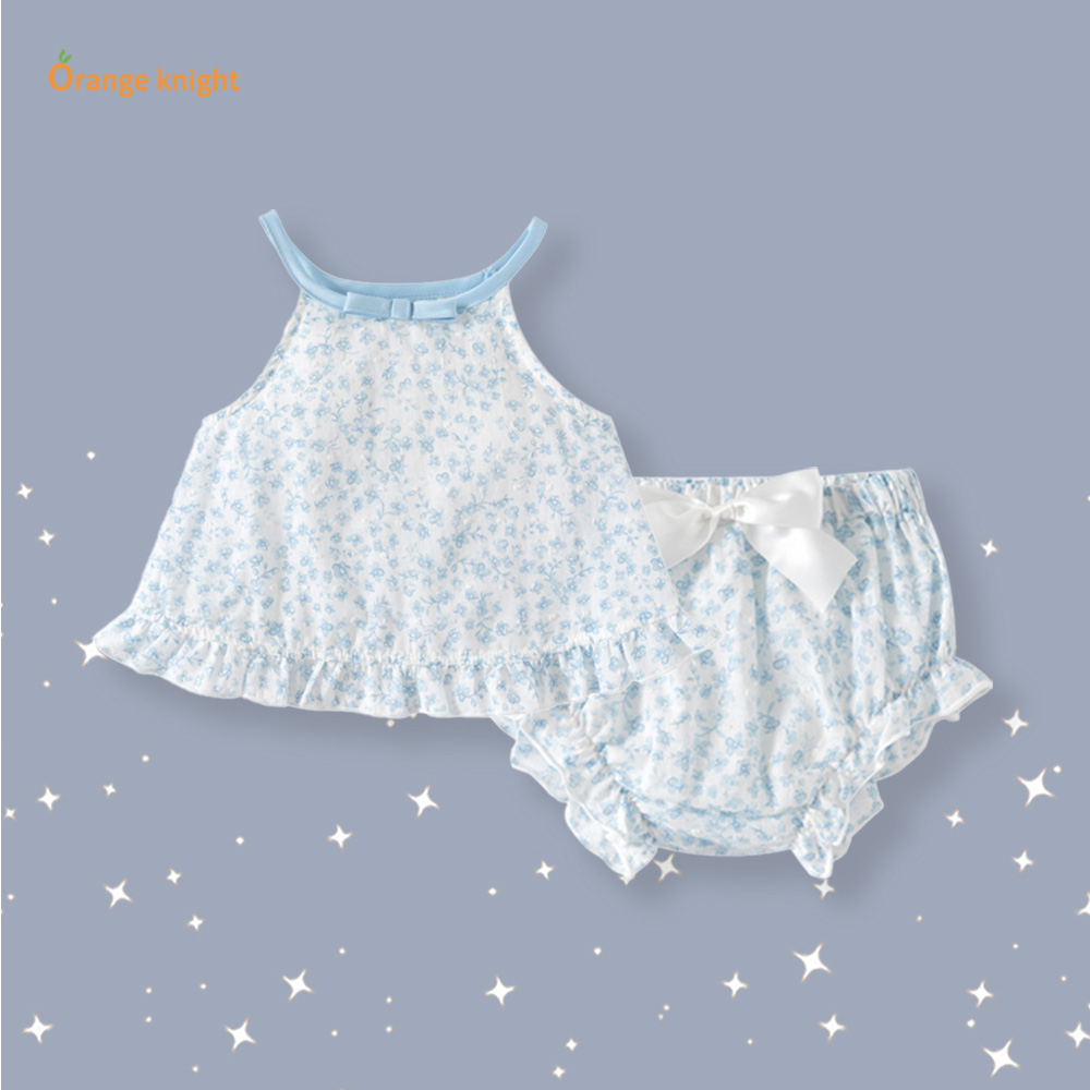 女宝宝0 - 3岁新生儿夏季元气蓝白碎花吊带搭蝴蝶结花苞裤两件套