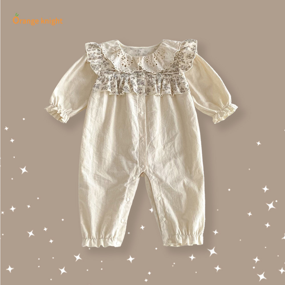 0 - 3岁森系碎花爬服女婴儿时尚镂空荷叶领灯笼袖周岁包屁连体衣