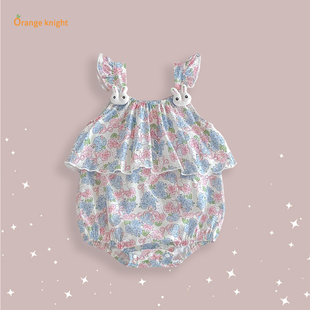 女宝宝甜美烂漫无袖 服装 趣味萌兔小吊带碎花哈衣 款 小月龄婴儿夏季