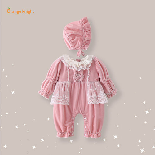 婴幼儿衣服秋冬季新款加绒连体衣女宝宝保暖小公主薄纱哈衣爬爬服