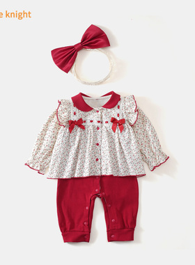 韩版婴儿连体衣春装新生儿长袖公主爬服春秋女宝宝百天周岁礼服潮