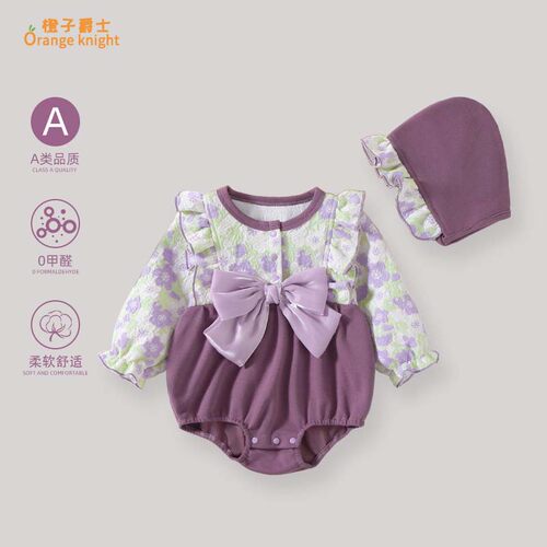 女宝宝秋冬季加厚衣服木耳花边哈衣甜美洋气碎花长袖三角包屁衣