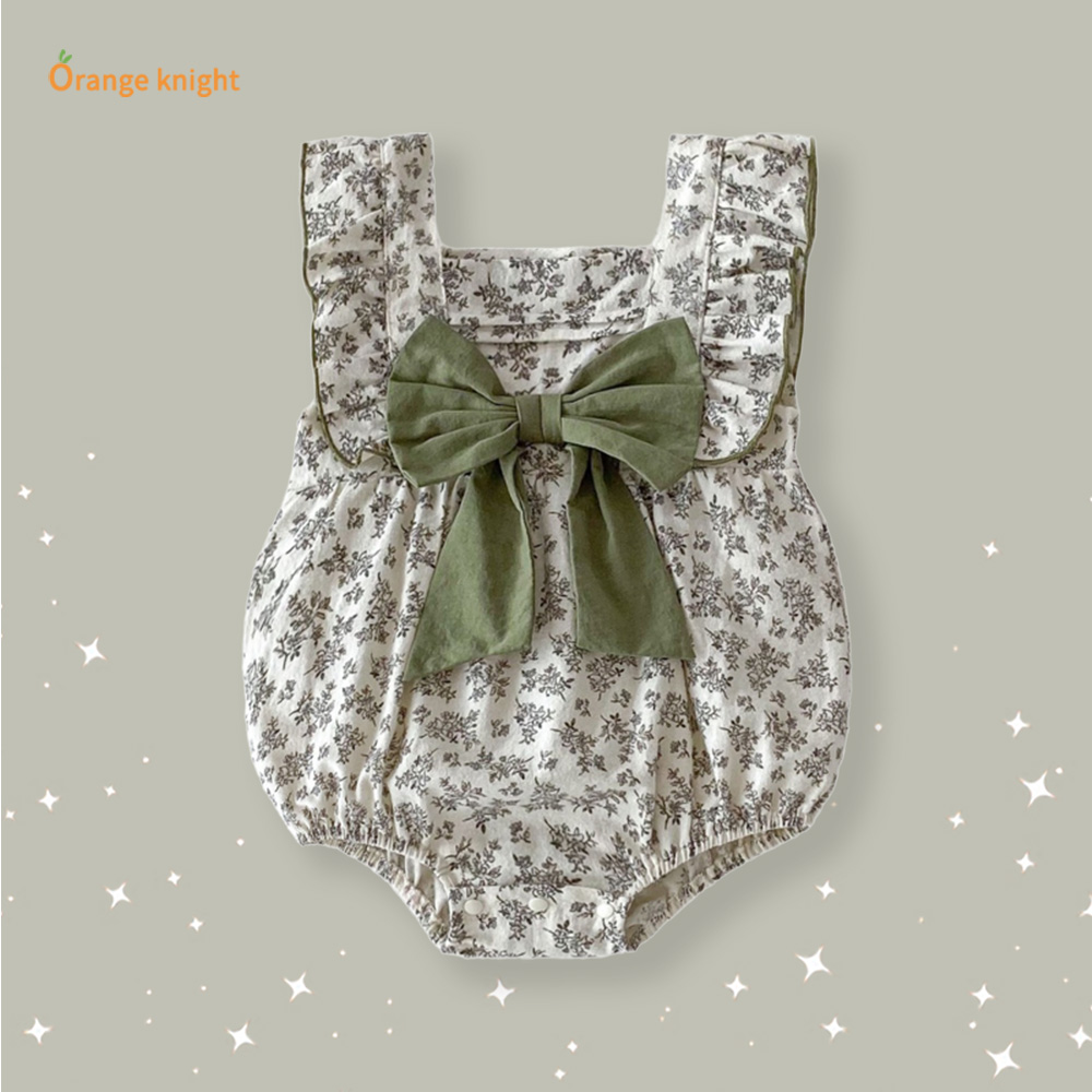 森系青绿色碎花无袖蝴蝶结碎花连体包屁衣公主爬服夏季新生儿衣服