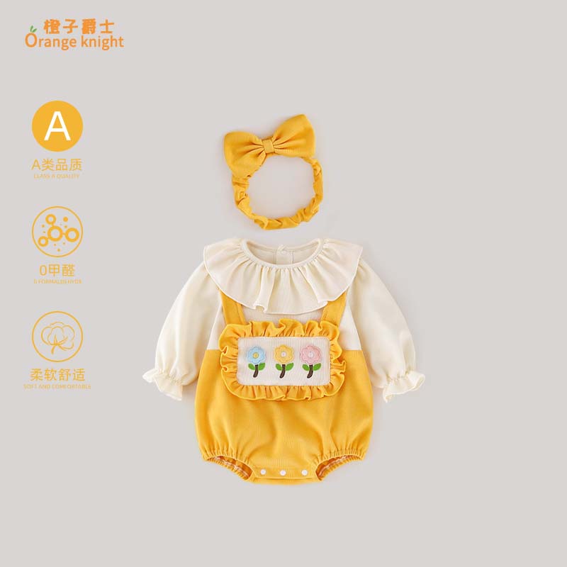 小月龄女宝宝春秋季衣服甜美翻边圆领公主田园风假两件背带连体衣