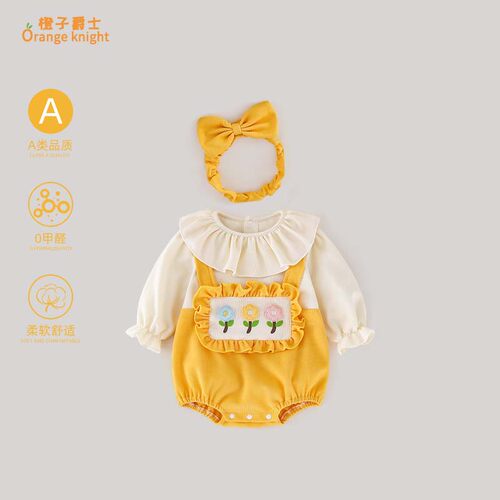 小月龄女宝宝春秋季衣服甜美翻边圆领公主田园风假两件背带连体衣