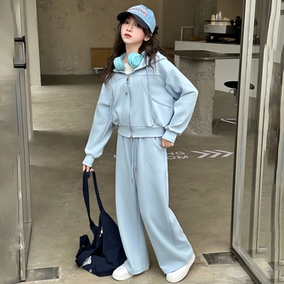 凯之璇女大童运动风纯色开衫拉链套装2026年春季新款女孩上学外套