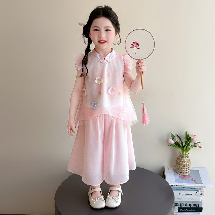 2026夏季新款女童时尚飞袖盘扣汉服两件套小女孩度假洋气无袖套装