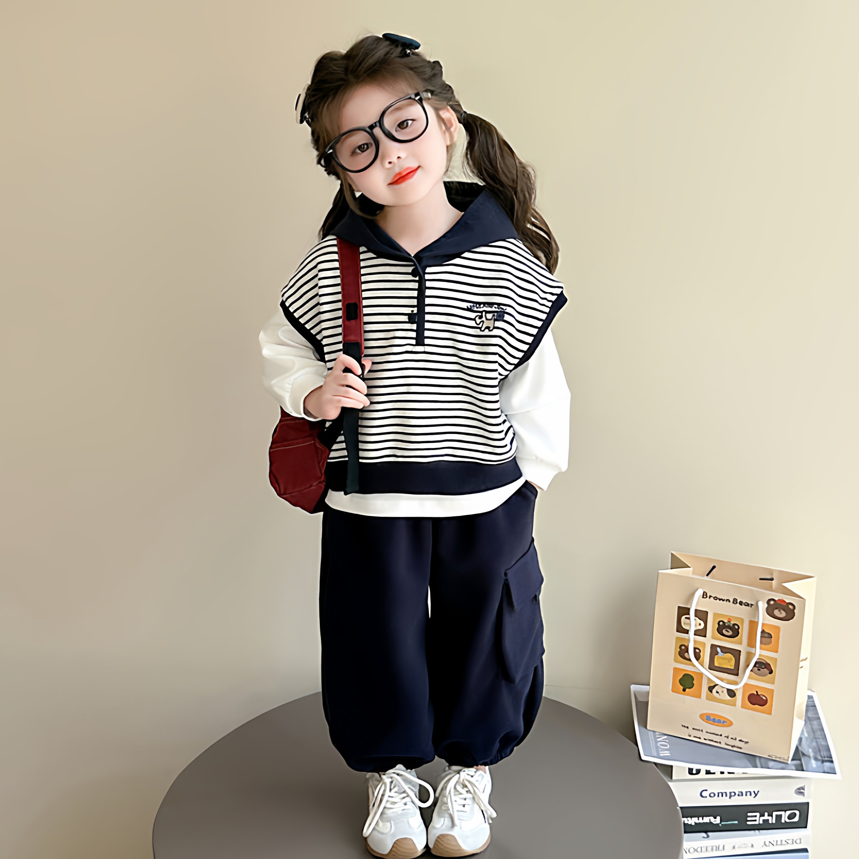 凯之璇女中小童条纹连帽棉外套2026春季新款女孩日常洋气打底套装