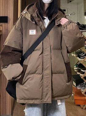 斤大码胖美式工装拼接连帽羽绒棉服女冬季新款加厚宽松外套