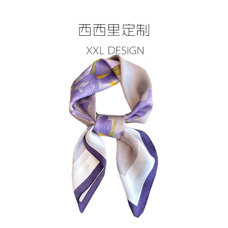 丝巾女士小方巾，高端小众芋头紫色花围巾，搭配头巾衬衫