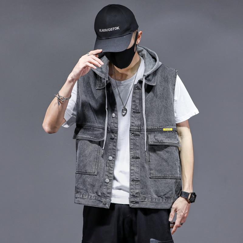 春秋季百搭连帽牛仔马甲男宽松无袖风连帽背心坎肩外套上衣外穿