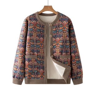 国风姥姥印花上衣开衫奶奶加绒保暖休闲衫秋冬毛衣外套一体绒衬衣